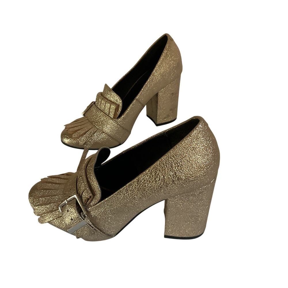 Kenneth Cole Reaction Gold Metallic Fringe Block Heel Pumps Women’s Size 8.5